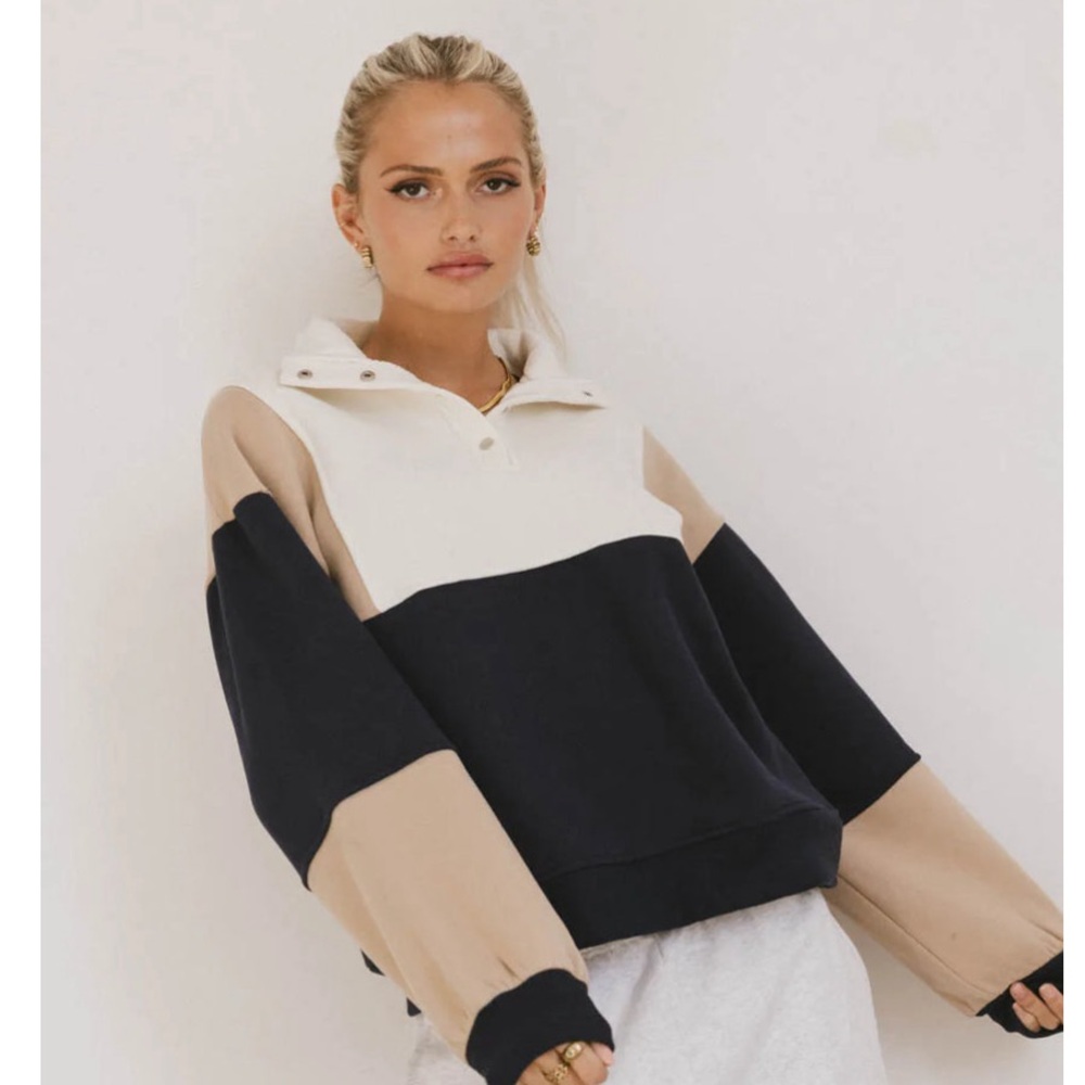 NWT * Bohme Navy, Tan & Ivory Quarter Snap Sweatshirt Size XL